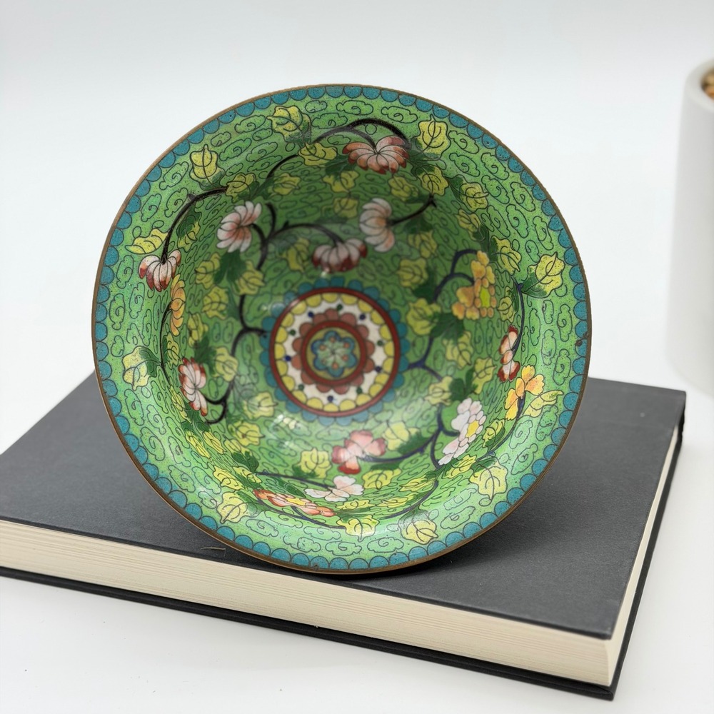 Vintage Cloisonne Enamel Floral Bowl Green Brass Trim Decorative Exquisite Color